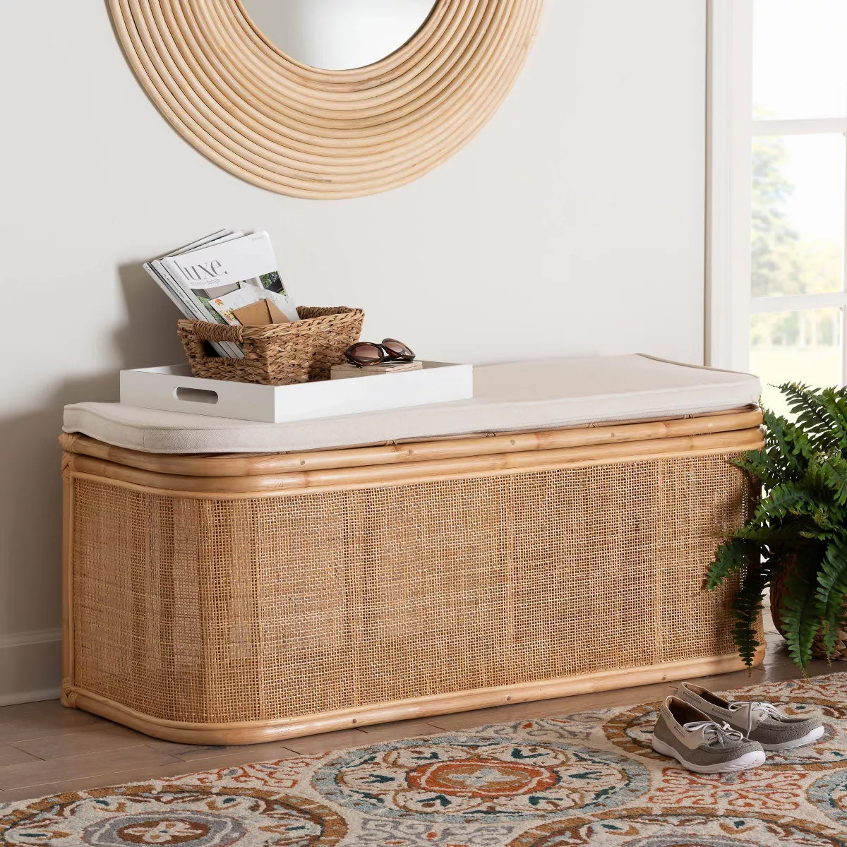 bali & pari Ishana Natural Rattan Storage Bench Natural/White: Upholstered Polyester, Plywood Fra... | Target