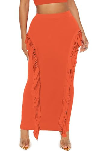 UEOIOW Women's Midi Pencil Skirts Dressy Casual Work Office High Waisted Trendy Skirt with Fringe XL Orange | Amazon (US)