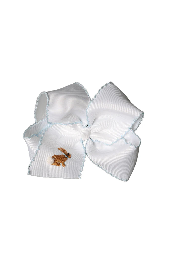 Scalloped Edge Grosgrain Bow with Embroidered Bunny | The Smocked Flamingo