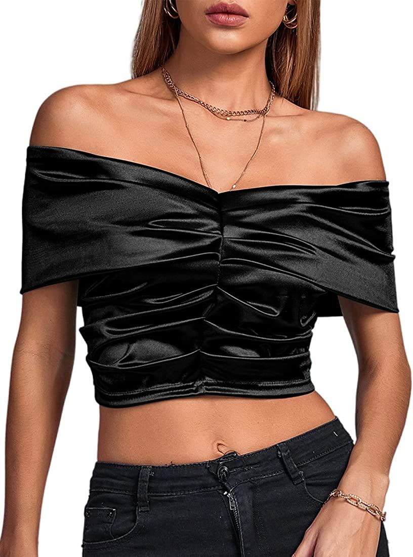 LYANER Women's Satin Off Shoulder Sexy Ruched Short Sleeve Slim Fit Blouse Crop Top | Amazon (US)