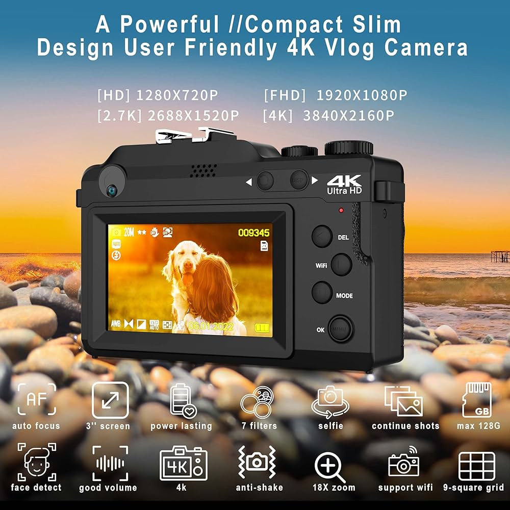 Vlogging Camera, 4K 48MP Digital Camera with WiFi, Free 32G TF Card & Hand Strap, Auto Focus & An... | Amazon (US)