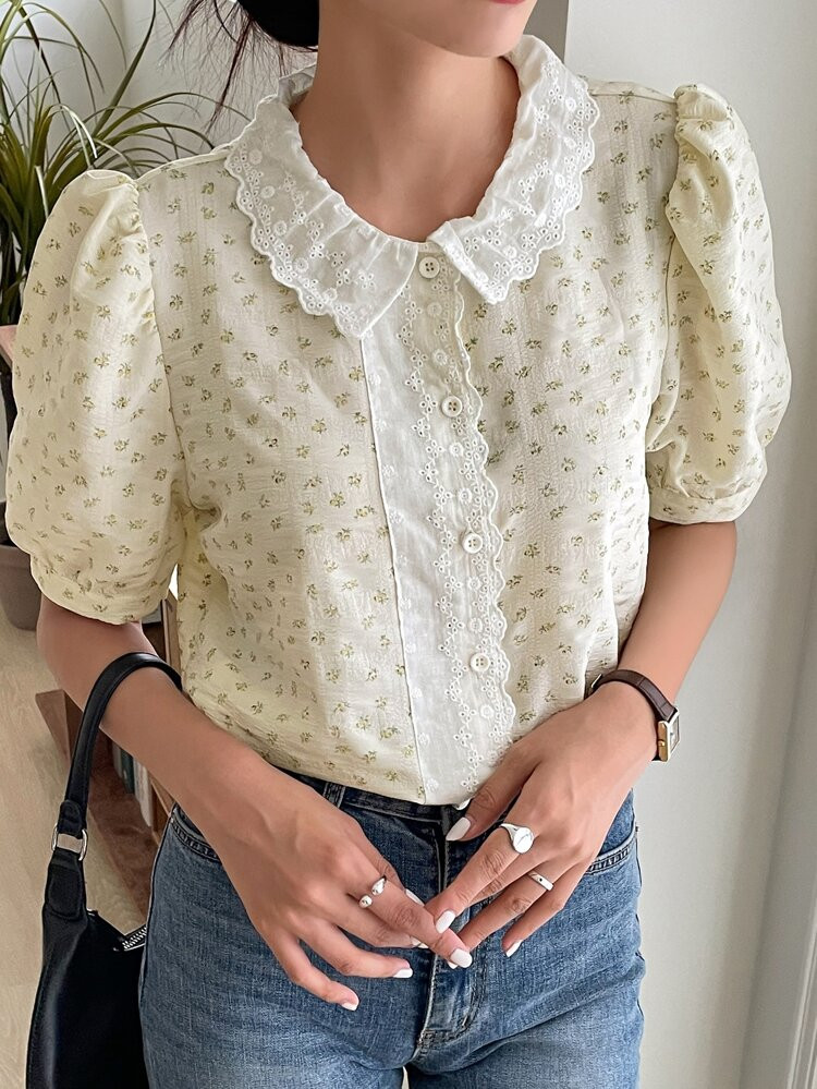DAZY Ditsy Floral Puff Sleeve Eyelet Embroidered Blouse | SHEIN