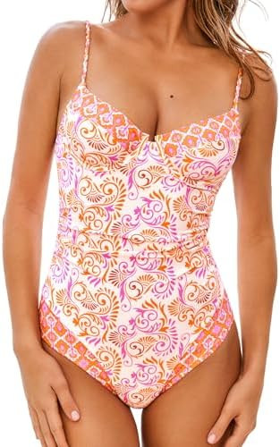 CUPSHE Women's One Piece Swimsuit V Neck Color Block Underwire Push Up Ruching Tummy Control Back... | Amazon (US)