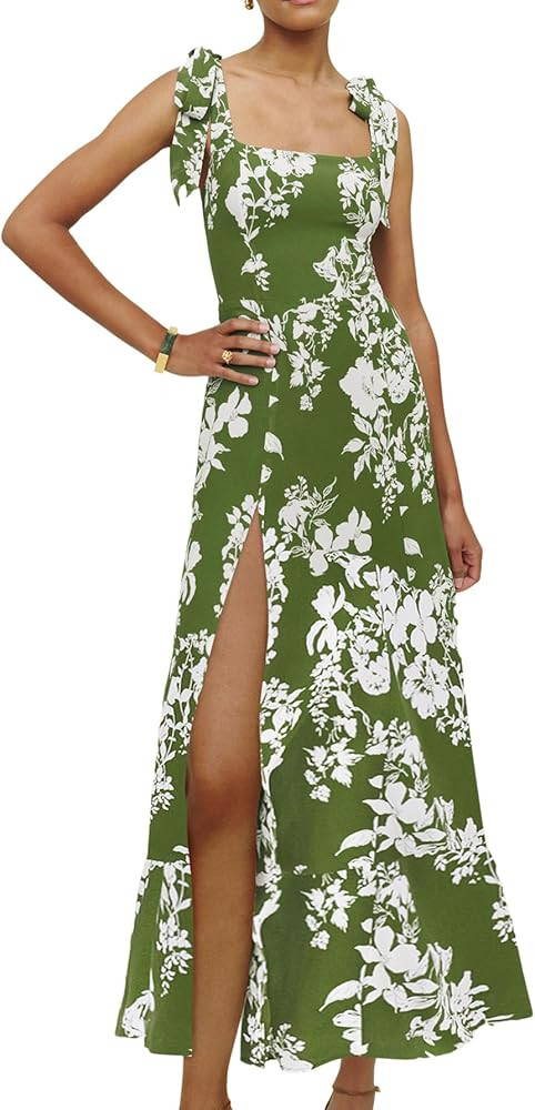 LYANER Women's Tie Shoulder Strap Square Neck Sleeveless Tie Waist Side Split Slit Printed Midi D... | Amazon (US)