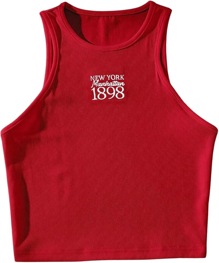 WDIRARA Women's Letter Embroidery Tank Top Graphic Vest Round Neck Sleeveless Rib Knit Crop Tops ... | Amazon (US)