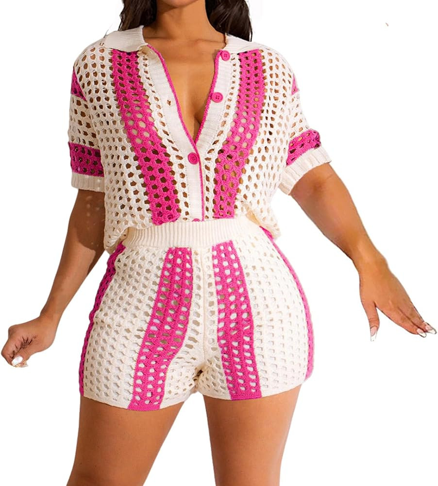 VOIKERDR Shorts Sets Women 2 Piece Outfits Crochet Hollow Out Shirt and Shorts Summer Vacation Be... | Amazon (US)