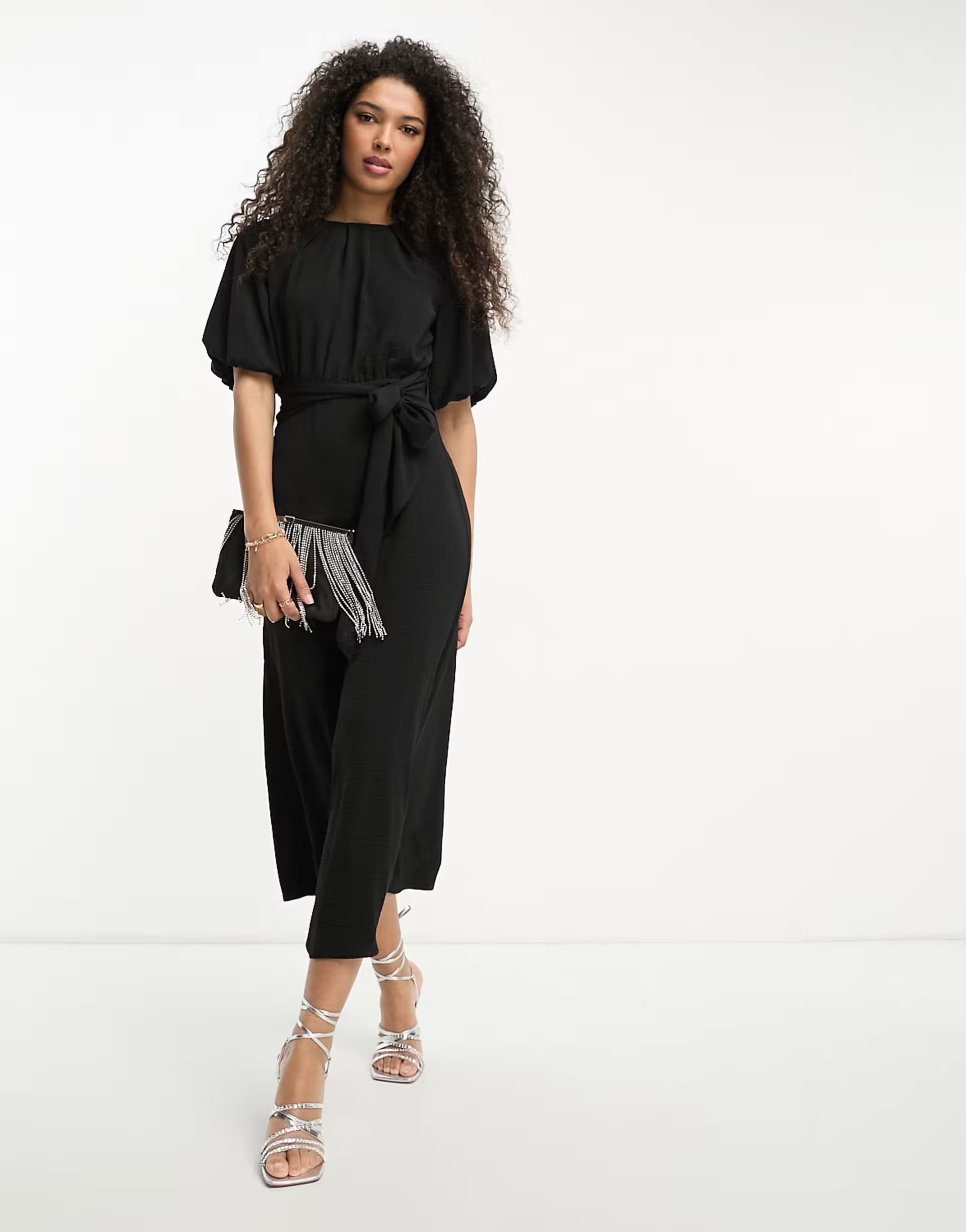 ASOS DESIGN tie waist puff sleeve midi dress in black | ASOS (Global)