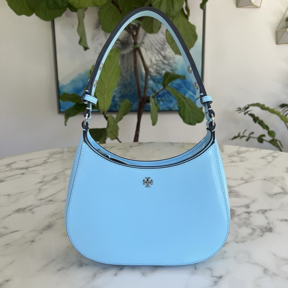 Tory Burch Emerson Patent Leather Ergo Shoulder Bag in Light Celeste Blue Silver | eBay US