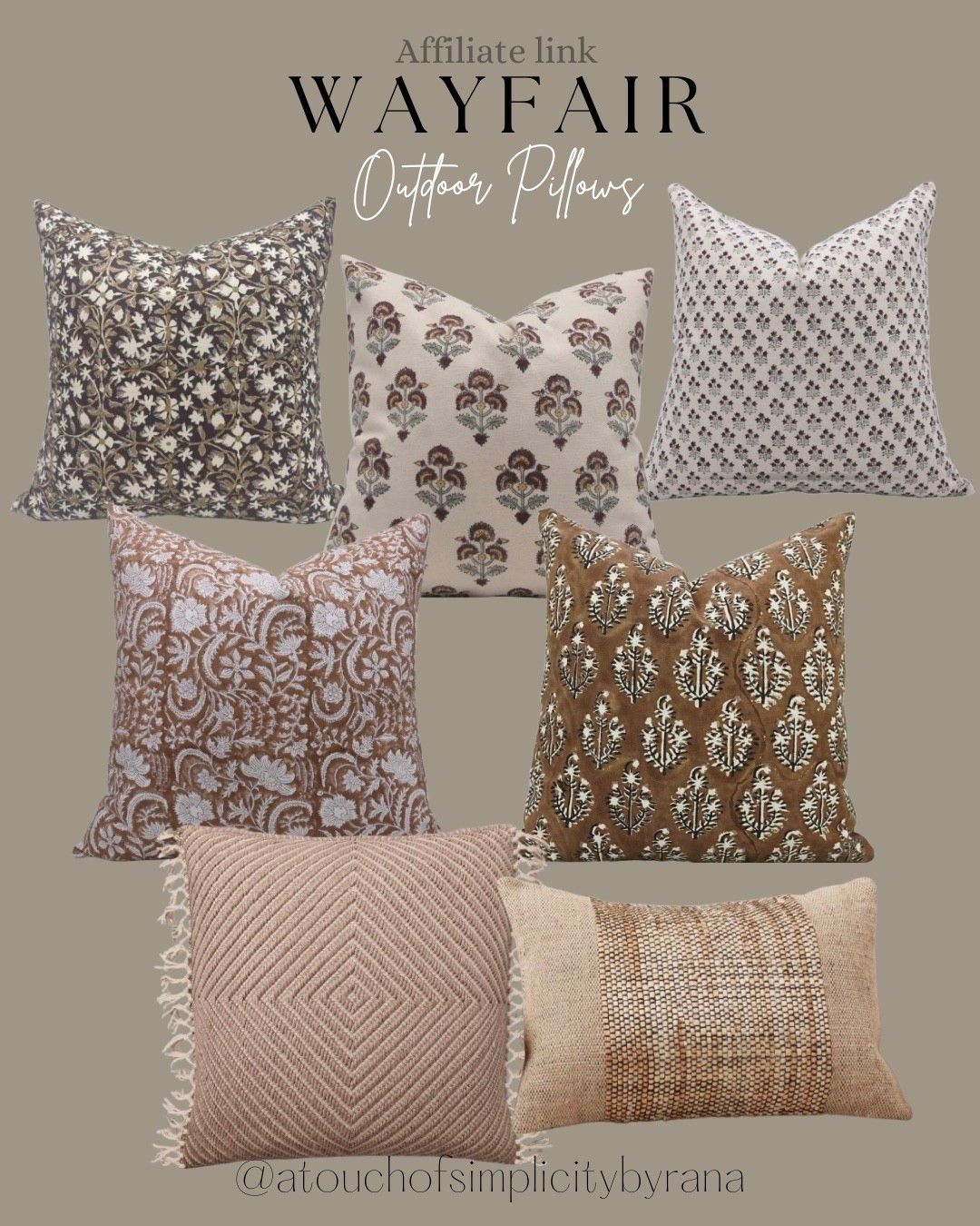 Beautiful selection of neutral outdoor pillows from @Wayfair 

Outdoor pillows, outdoor pillow covers, pillow covers, neutral pillows, outdoor finds, outdoor decor, floral print, hand blocked print 


#LTKSeasonal #LTKSpringSale #LTKHome