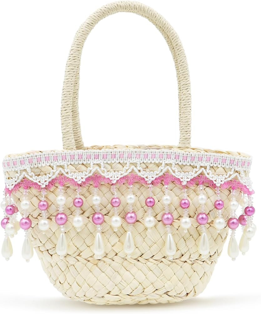 Mini Straw Bag, Beach Bag With Pearl Tassel pendant, Cute Straw Handbag Handmade Woven Bag, Tote ... | Amazon (US)