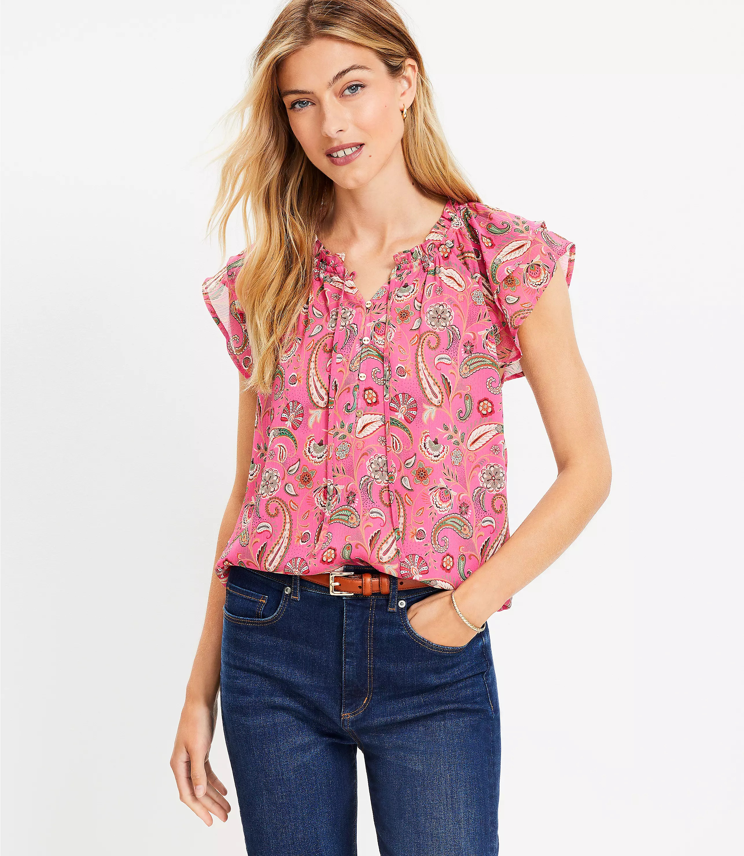 Paisley Flutter Button Tie Neck Top | LOFT