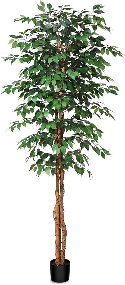 SOGUYI 7ft Artificial Ficus Tree with Natural Wood Trunk, Silk Fake Ficus Tree in Plastic Nursery... | Amazon (US)