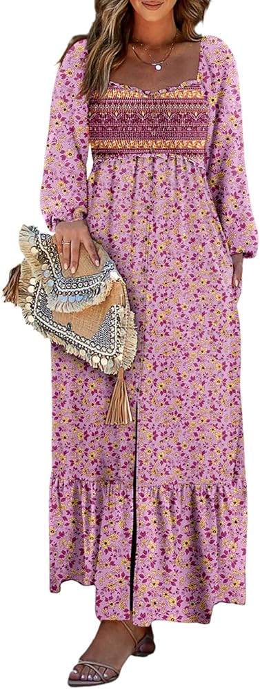 Dokotoo Womens Dresses 2024 Boho Floral Smocked Square Neck Long Sleeve Button Down Beach Long Ma... | Amazon (US)
