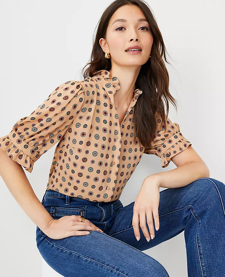 Petite Geo Ruffle Collar Button Top | Ann Taylor (US)