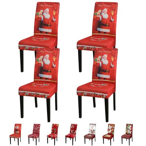 JQinHome Christmas Chair Covers Set of 4,High Stretch Removable Washable Chair Seat Protector Cover for Christmas Decoration-Christmas Theme Decor with Snowflake(Santa Claus) | Amazon (US)