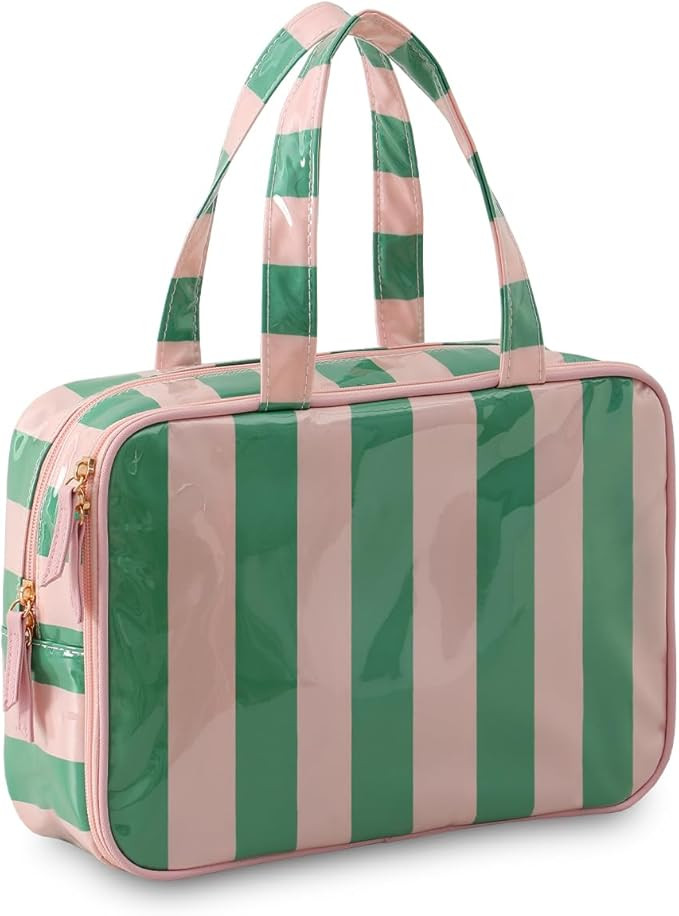 Travel Toiletry Bag for Women, Waterproof Clear Coated Portable Stripe Makeup Cosmetic Bag with C... | Amazon (US)