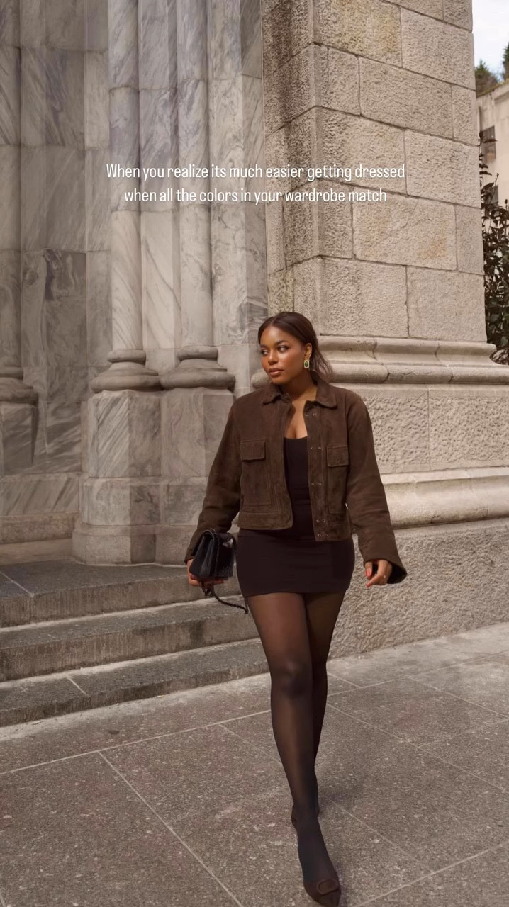 When you realize it’s much easier getting dressed when all the colors in your wardrobe match 🍫 & now end up wearing the same colors over and over again 🤭 whoops! Wearing the most stunning suede jacket from free people, brown tank and mini skirt, sheer tights, and brown suede kitten heels from Zara. Linked below! … For more links to wedding guest dress, sisterstudio, self tan routine, satin pants australia, georgia louise, country concert outfit, summer dresses, work outfit, zara men, follow me on LTK! ✨

#LTKSeasonal #LTKWorkwear #LTKStyleTip