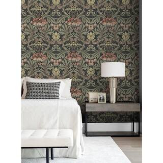 Seabrook Designs Charcoal and Rosewood Acanthus Floral Prepasted Wallpaper Roll 56 sq. ft. PR1000... | The Home Depot