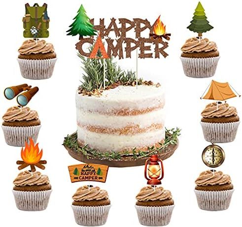 25 Pack Camping Themed Cake Toppers Kit Happy Camper Cake Topper, Camping Bag Flashlight Campfire Cu | Amazon (US)