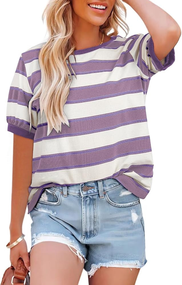 Dokotoo Womens Summer Tops 2026 Striped Color Block Short Sleeve Fashion T-Shirts Crewneck Casual... | Amazon (US)