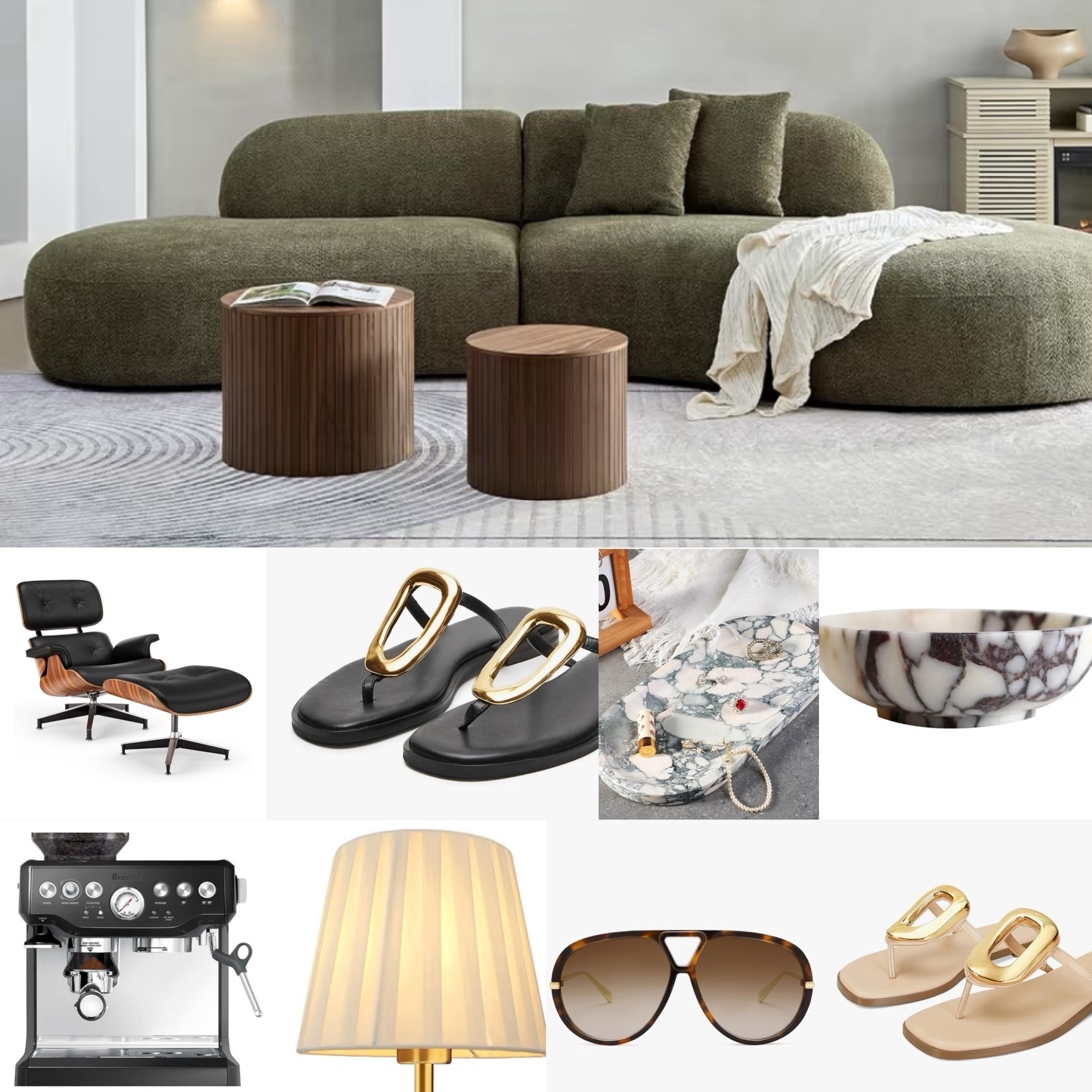 Amazon recent favorites!! 
Couch sectional sofa 
Espresso machine 
Sunglasses that look like YSL
Sandals 
Looks like eames chair and lounger 
Marble bowl