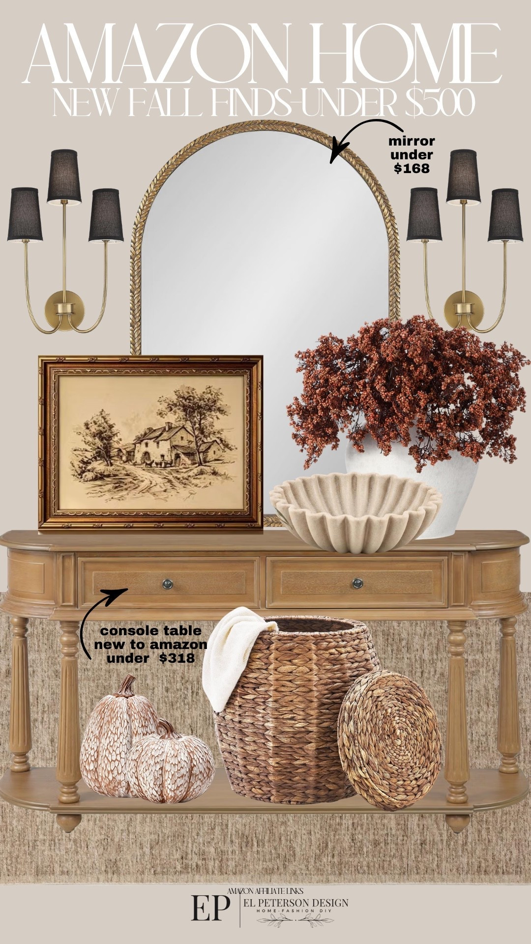 Amazon
Console table
Stems
Bowl
Artwork
Mirror
Wall sconce
Basket
Pumkins

#LTKHome