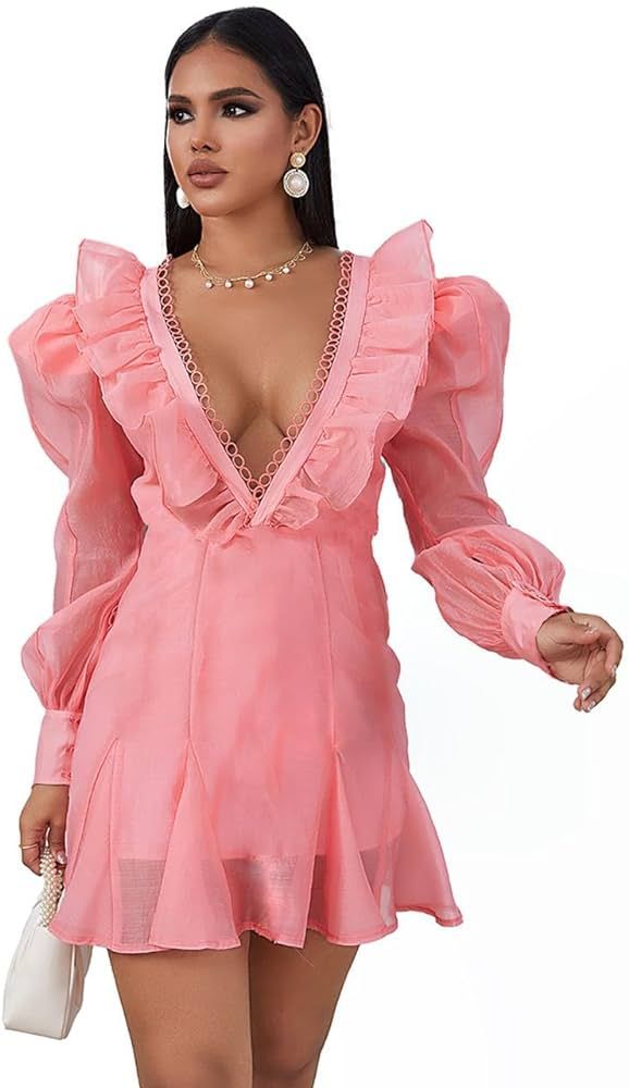 Dress for Wedding Guest Women 2023 Spring Summer Long Sleeve Mini Dress, Deep V Neck Ruffle Layer... | Amazon (US)