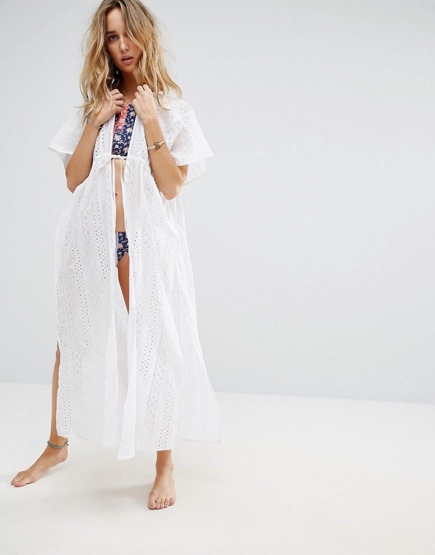 Liquorish Lace Beach Caftan With Side Splits And Open Front - White | ASOS US