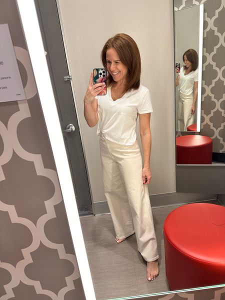 So so into this white cropped v neck - size medium. Pants are so good and come in other colors. Size 2   - Target 

#LTKover40 #LTKsalealert #LTKfindsunder50