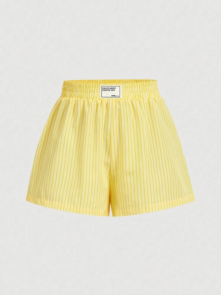 SHEIN MOD Women's Yellow & White Striped Waistband Letter Decor Elastic Waist Shorts | SHEIN