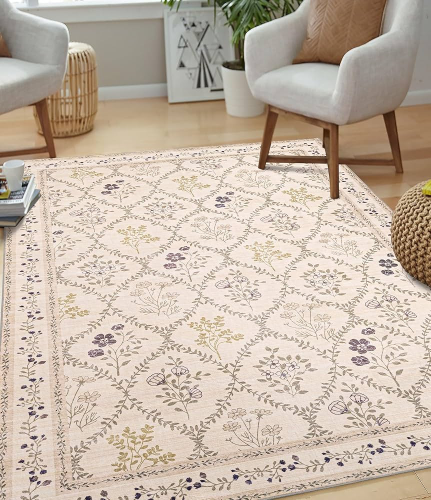 YIHOUSE 5x7 Washable Rug for Bedroom, Beige Floral Rugs for Living Room Non Slip Ultra-Thin Large... | Amazon (US)