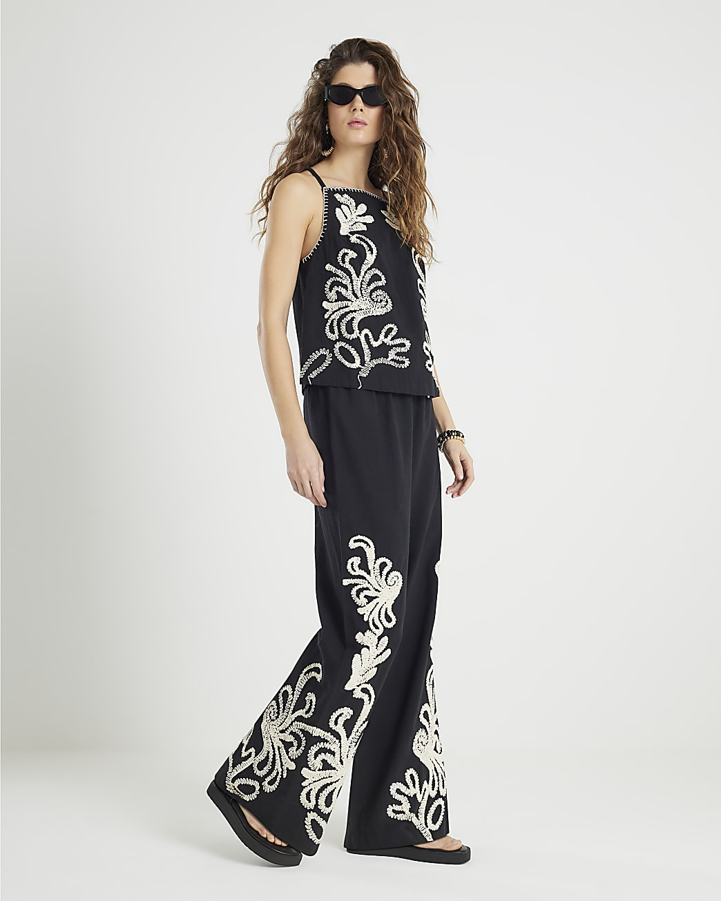 Black Embroidered Wide Leg Trousers | River Island UK & IE