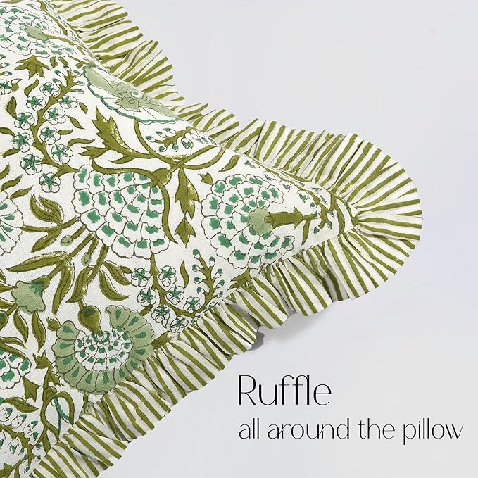 CPC Agate Green 100% Cotton Block Print Ruffle Sham Cover 14x36 inch, Handmade Boho Floral Pillow... | Amazon (US)