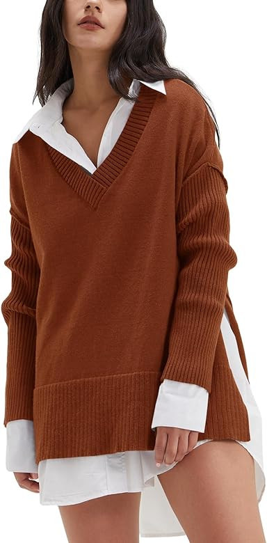 DEEP SELF Women's V Neck Oversized Sweaters Long Batwing Sleeve Split Hem Pullover Asymmetric Loo... | Amazon (US)