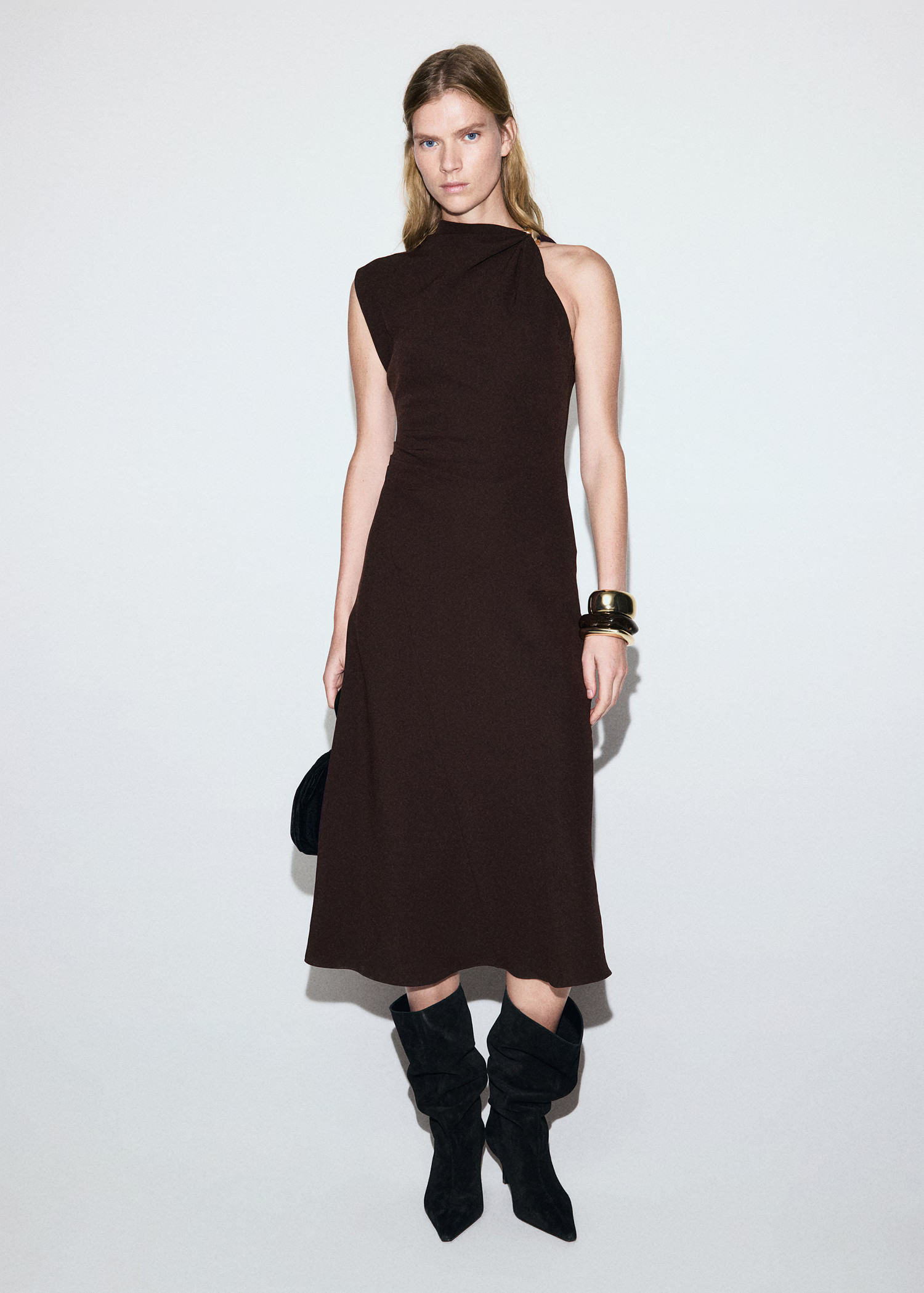 Dress with asymmetrical neck and metallic detail - Women | MANGO USA | Mango (US/MX/AU)