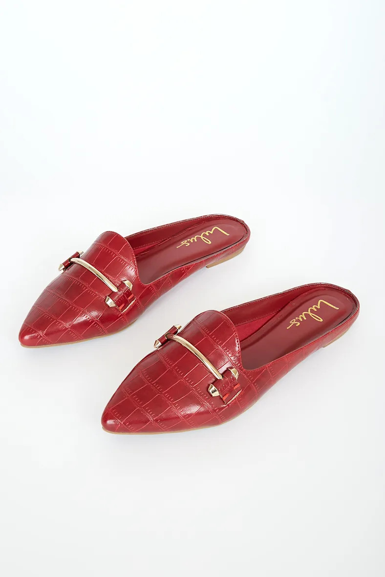 Chelsie Red Crocodile Embossed Pointed-Toe Loafer Slides | Lulus (US)