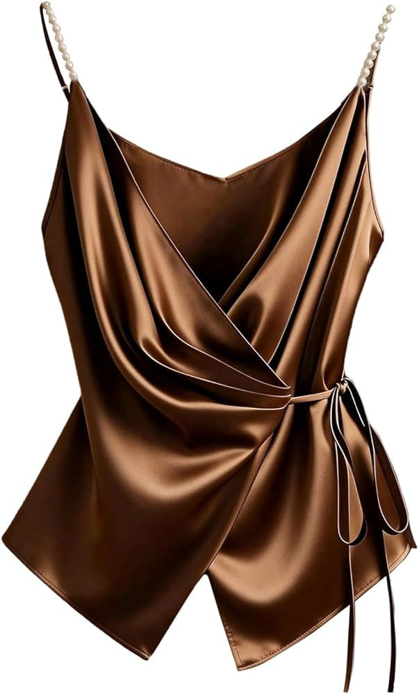 WDIRARA Women's Satin Camisole Tops Wrap V Neck Pearl Strap Tie Side Cami Top | Amazon (US)
