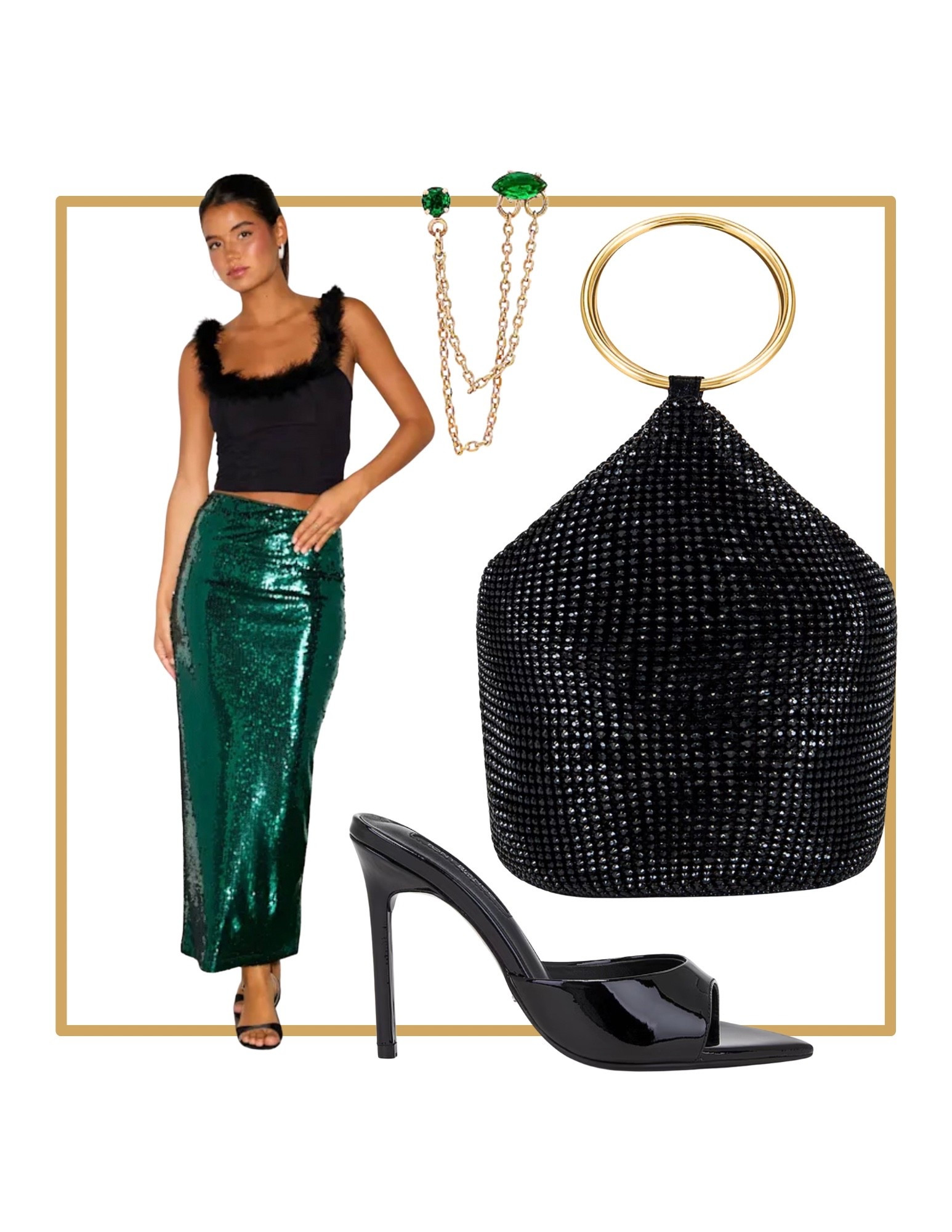 Christmas, holiday, new years eve party outfit. Green sequin midi skirt. Black sequin pursez

#LTKHoliday #LTKParties #LTKItBag