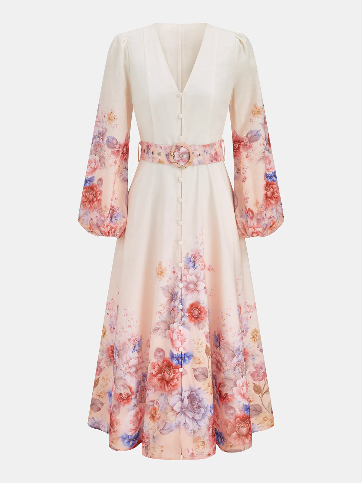 Floral Printed Long Sleeve Belted Maxi Dress | Commense