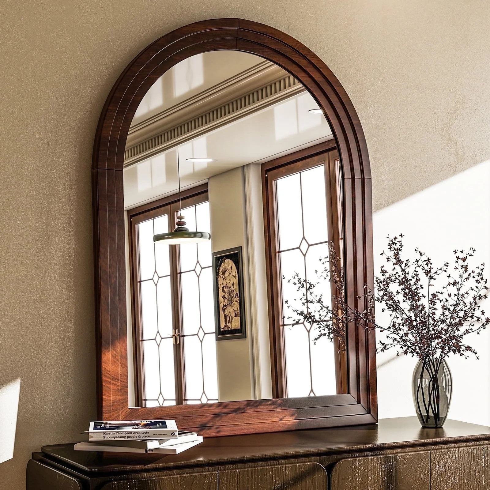 BEAUTYPEAK 36"x 24" Arched Bathroom Mirror Wall Mirror Wooden Frame,Brown | Walmart (US)