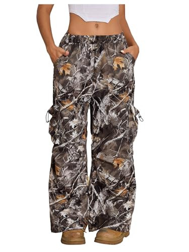 Verdusa Women's Camo Cargo Baggy Pants Y2K Streetwear Drawstring Wide Leg Trousers Flare Sweatpants Light Green Small | Amazon (US)