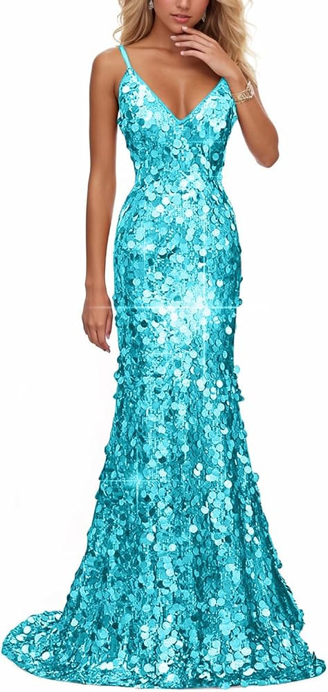 Sparkly Big Sequin Prom Dresses 2025 for Women Long Mermaid Formal Ball Gown Corset V Neck Cocktail Dress with Slit RDX-P1009 | Amazon (US)