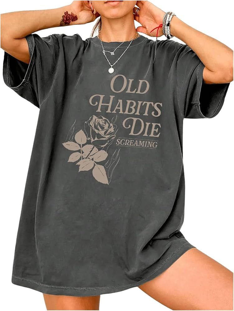 SweatyRocks Women's Letter Floral Graphic Tees Crew Neck Short Sleeve Loose T Shirt Summer Tops | Amazon (US)