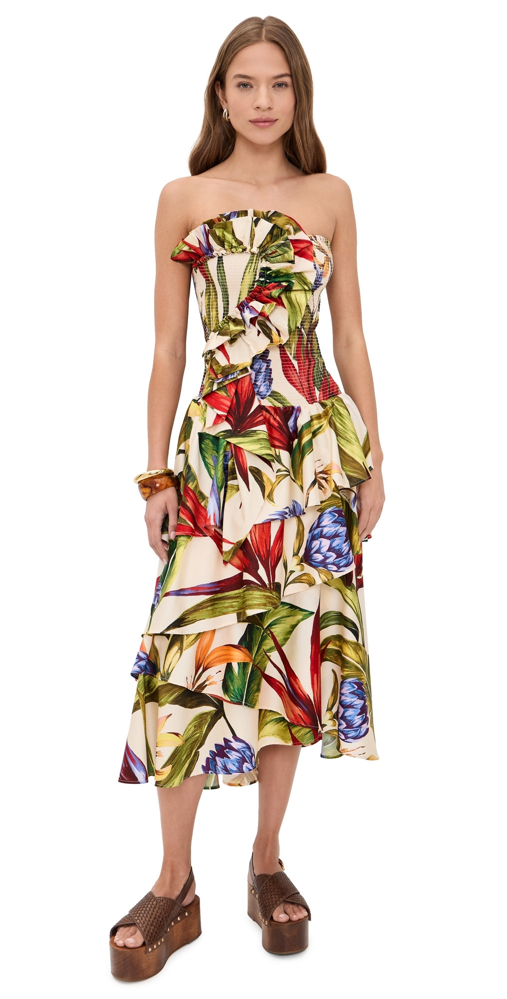 FARM Rio Floral Strapless Midi Dress Florart Sand L | Shopbop