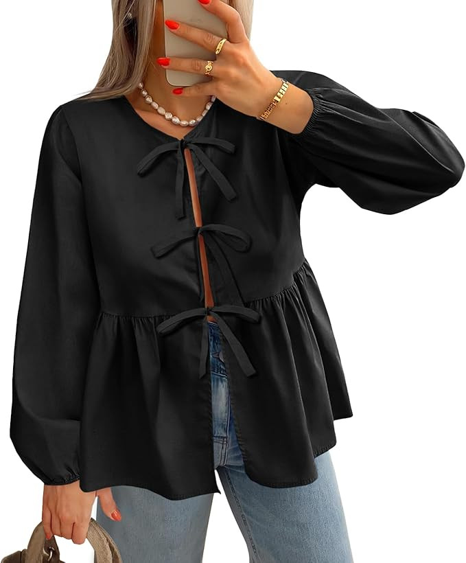 Tankaneo Womens Tie Front Tops Blouses Long Puff Sleeve Peplum Babydoll Bow Shirt Summer Coquette... | Amazon (US)