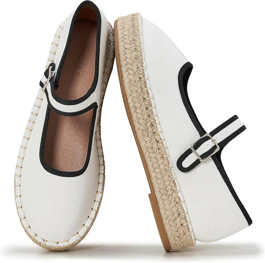 Canvas Mary Jane Shoes for Women Cozy Closed Toe Espadrille Flats with Adjustable Strap Cute Dail... | Amazon (US)