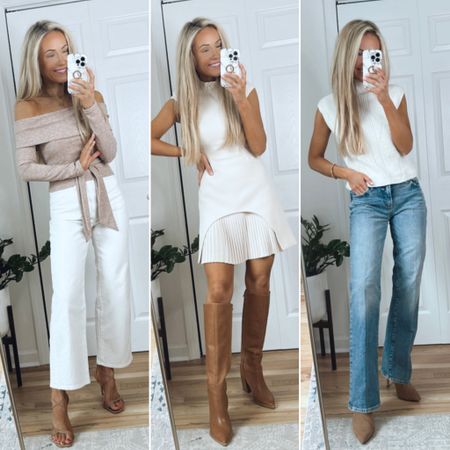 Weekend outfits! Use code “Nikki20” to save on the pleated dress!
Casual date night outfits
Off the shoulder sweater
White wide leg jeans 