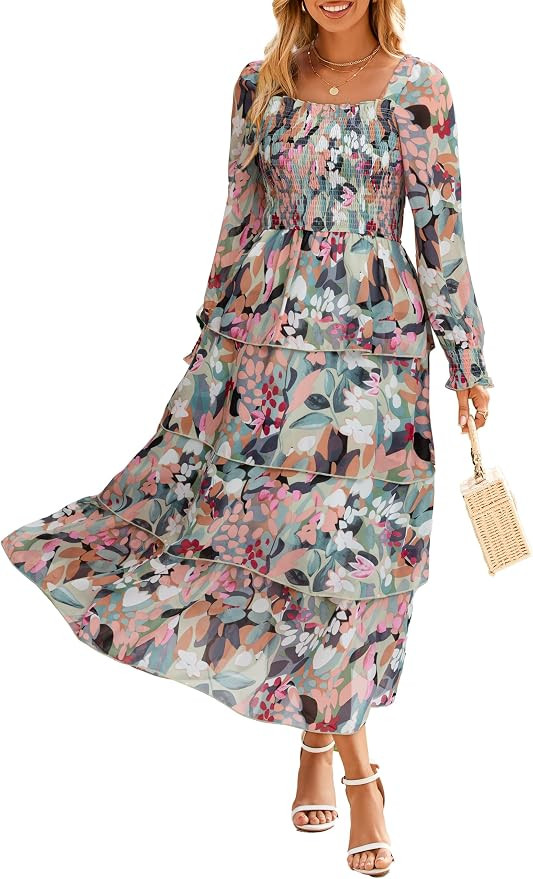 Simplee Womens Long Sleeve Floral Wedding Guest Dress Flowy Tiered Smocked Square Neck Fall Boho ... | Amazon (US)