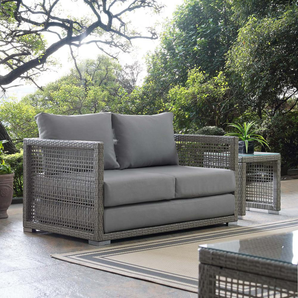 MODWAY Aura Gray Wicker Outdoor Loveseat with Gray Cushions | The Home Depot