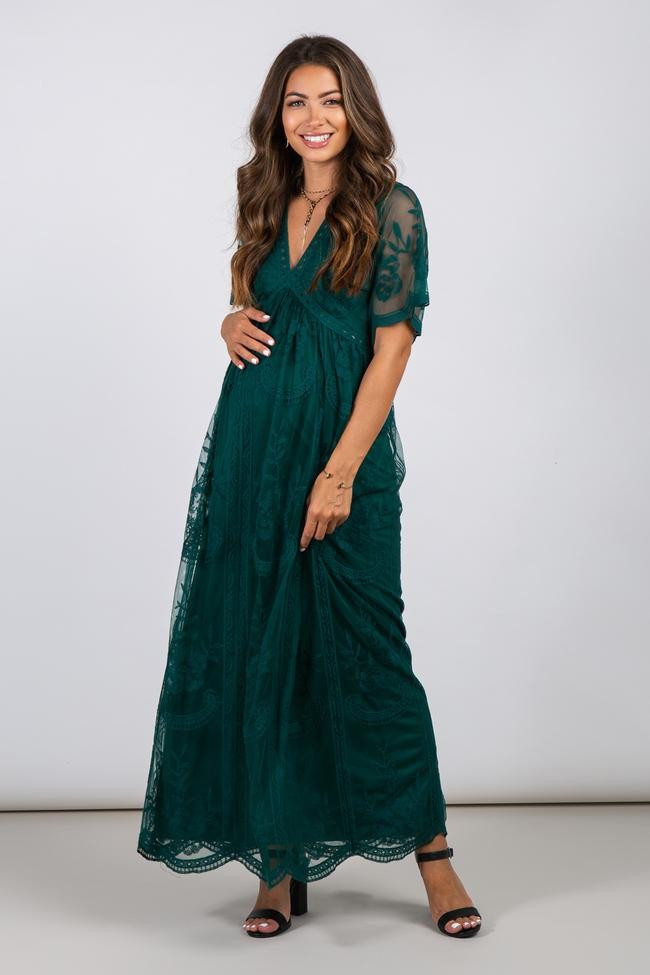 Forest Green Lace Mesh Overlay Maternity Maxi Dress | PinkBlush Maternity